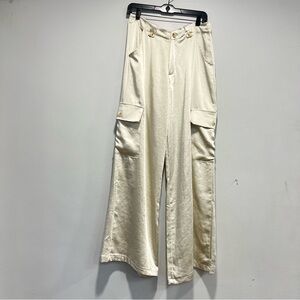 OWN Cream Silk Feel Wide Leg Cargo Pants - Made In Italy - Size Medium